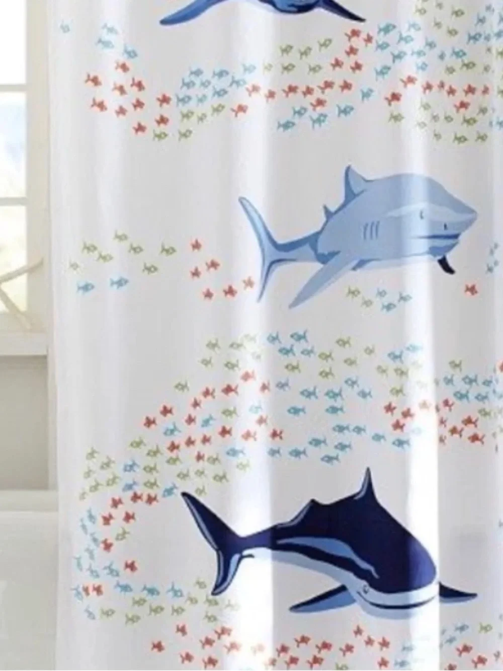 Pottery Barn Kids Blue Shark Shower Curtain with Multicolor Fish liner hooks set